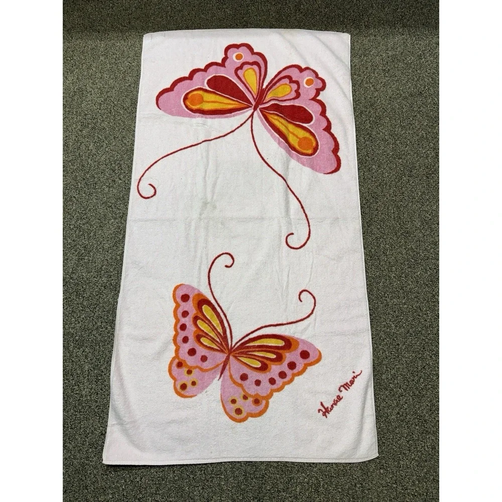 2 Vintage 1970s Hanae Mori Butterfly Towel Martex USA Pink Bathroom